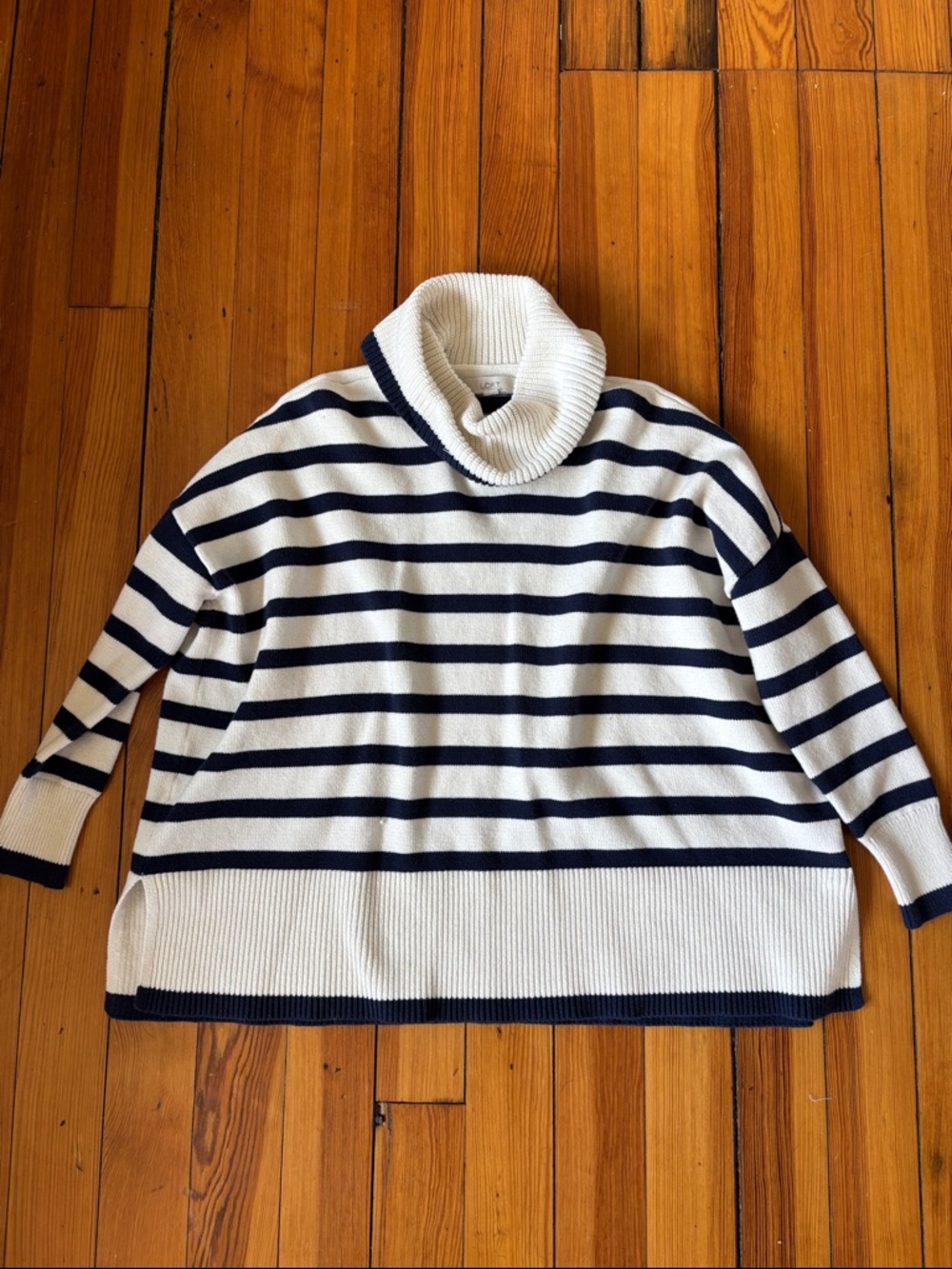 LOFT White & Navy Striped Cowl Neck Sweater